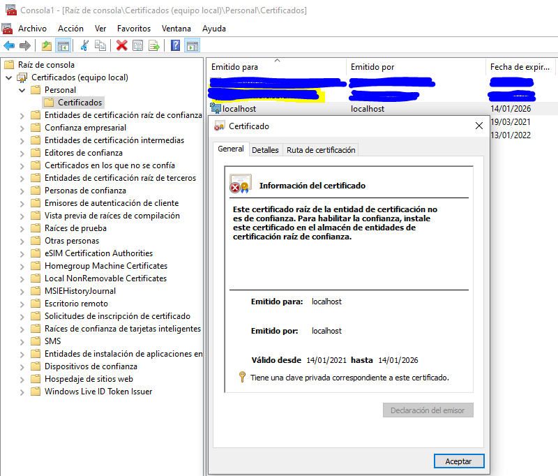 Certificado localhost usado por IIS Express